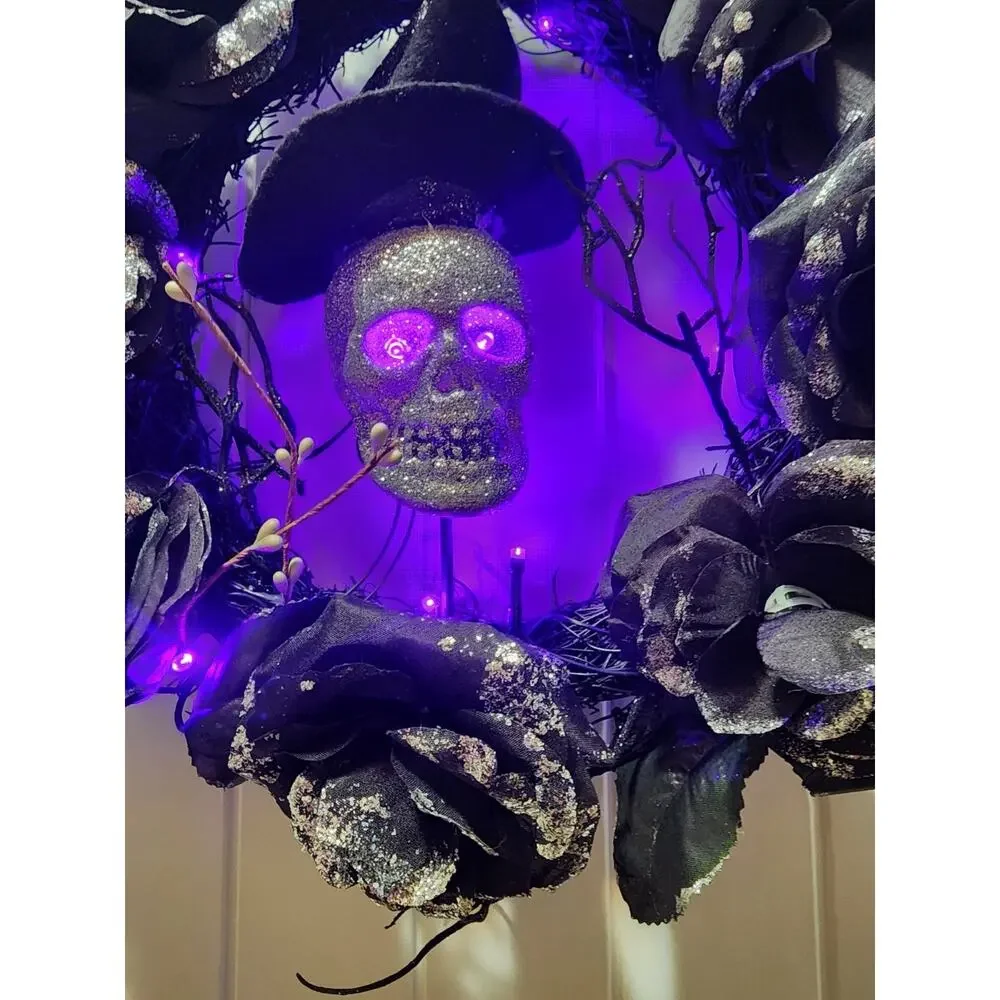 Halloween Purple LED Black Grapevine Wreath Silver Skull Flowers Branches 16